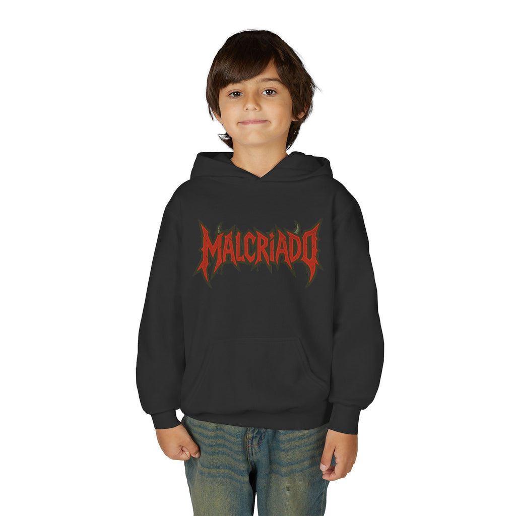 Malcriado Kids Hoodie — Red Gothic Band Logo Youth Sweatshirt