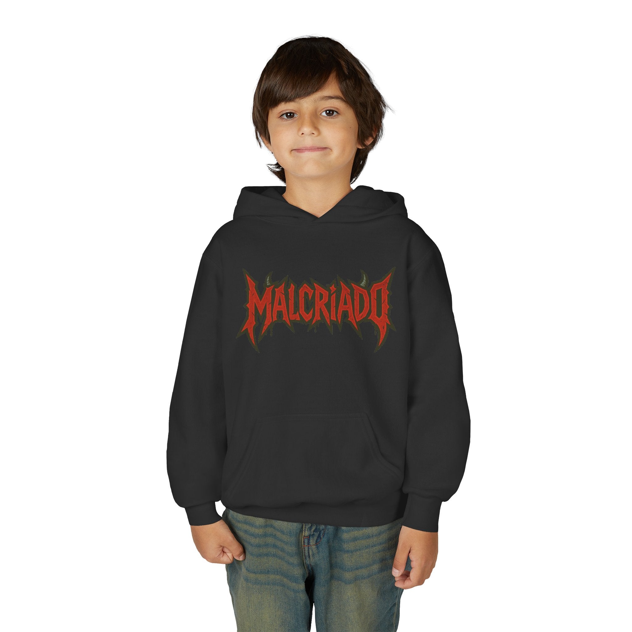 Malcriado Kids Hoodie — Red Gothic Band Logo Youth Sweatshirt