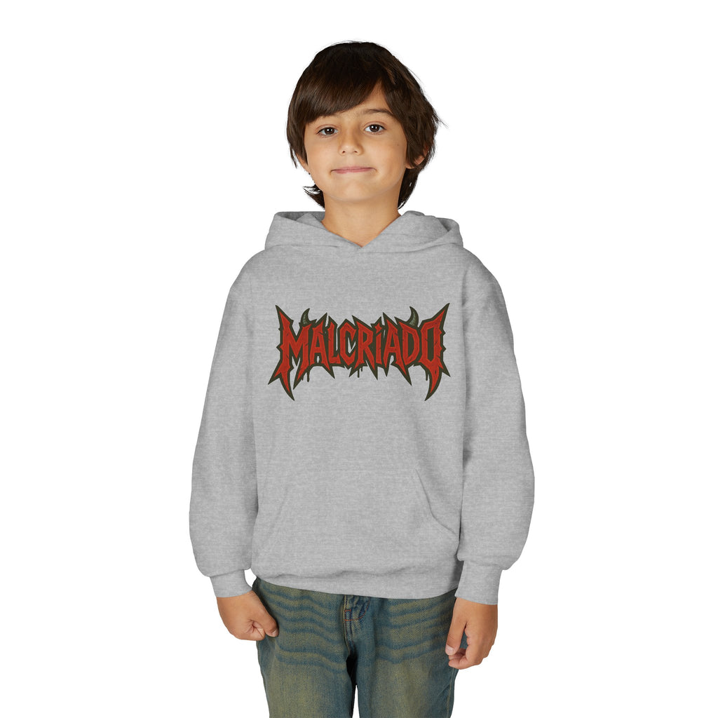 Malcriado Kids Hoodie — Red Gothic Band Logo Youth Sweatshirt