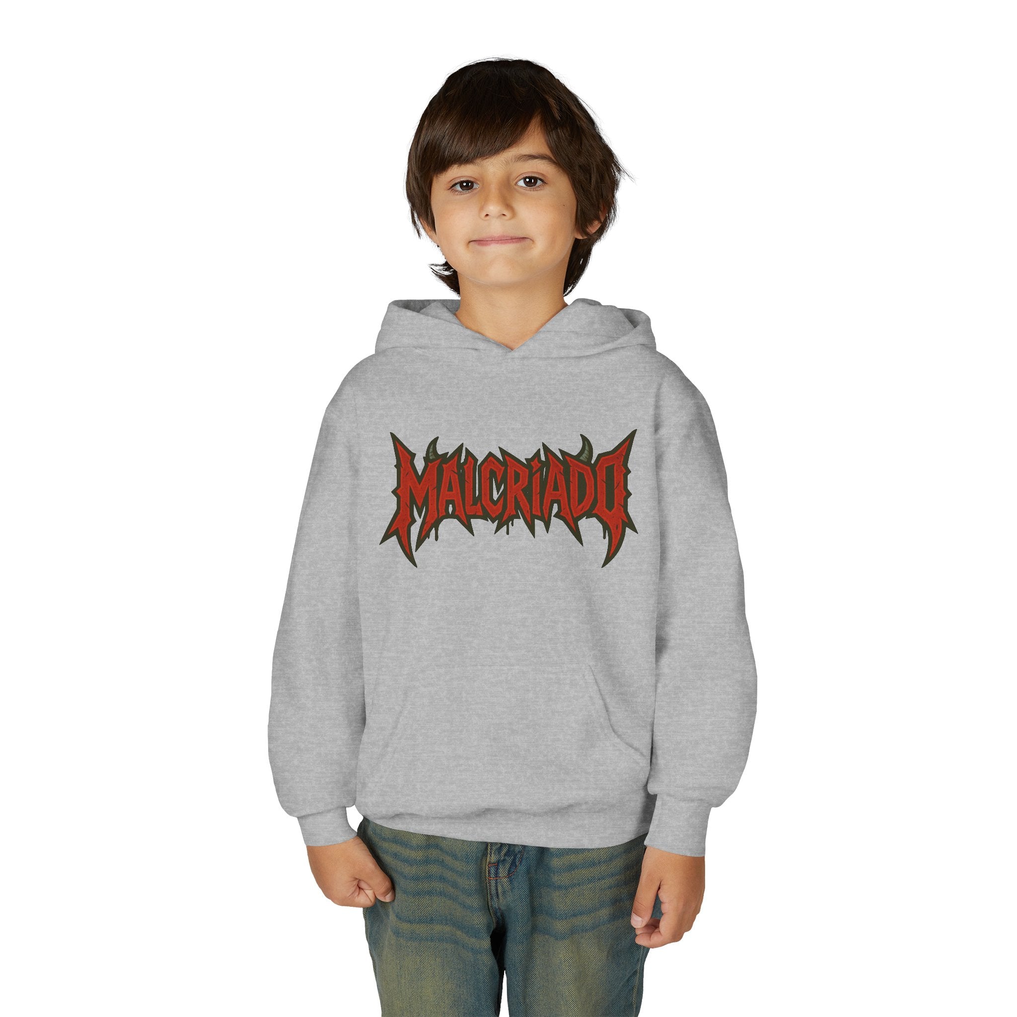 Malcriado Kids Hoodie — Red Gothic Band Logo Youth Sweatshirt