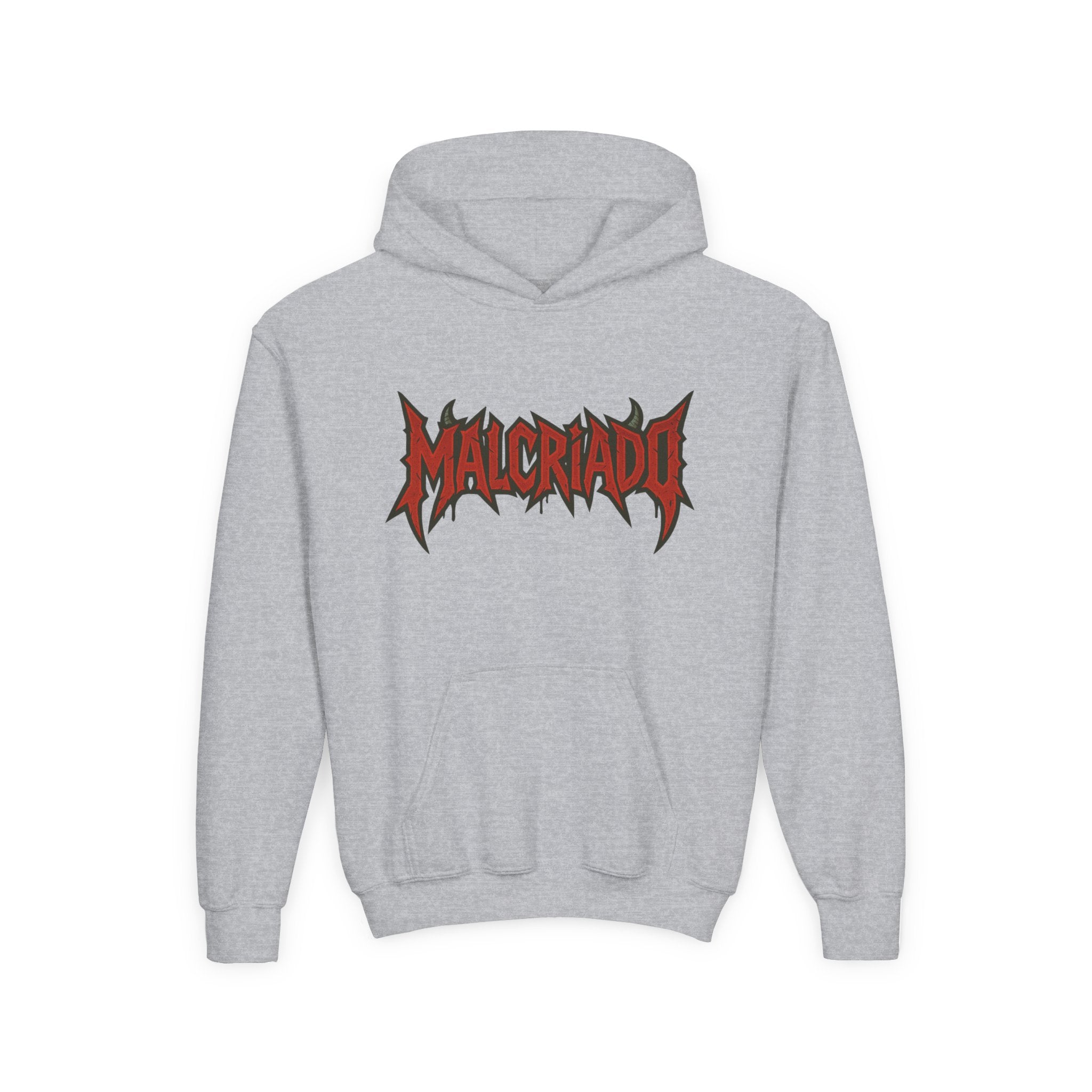 Malcriado Kids Hoodie — Red Gothic Band Logo Youth Sweatshirt