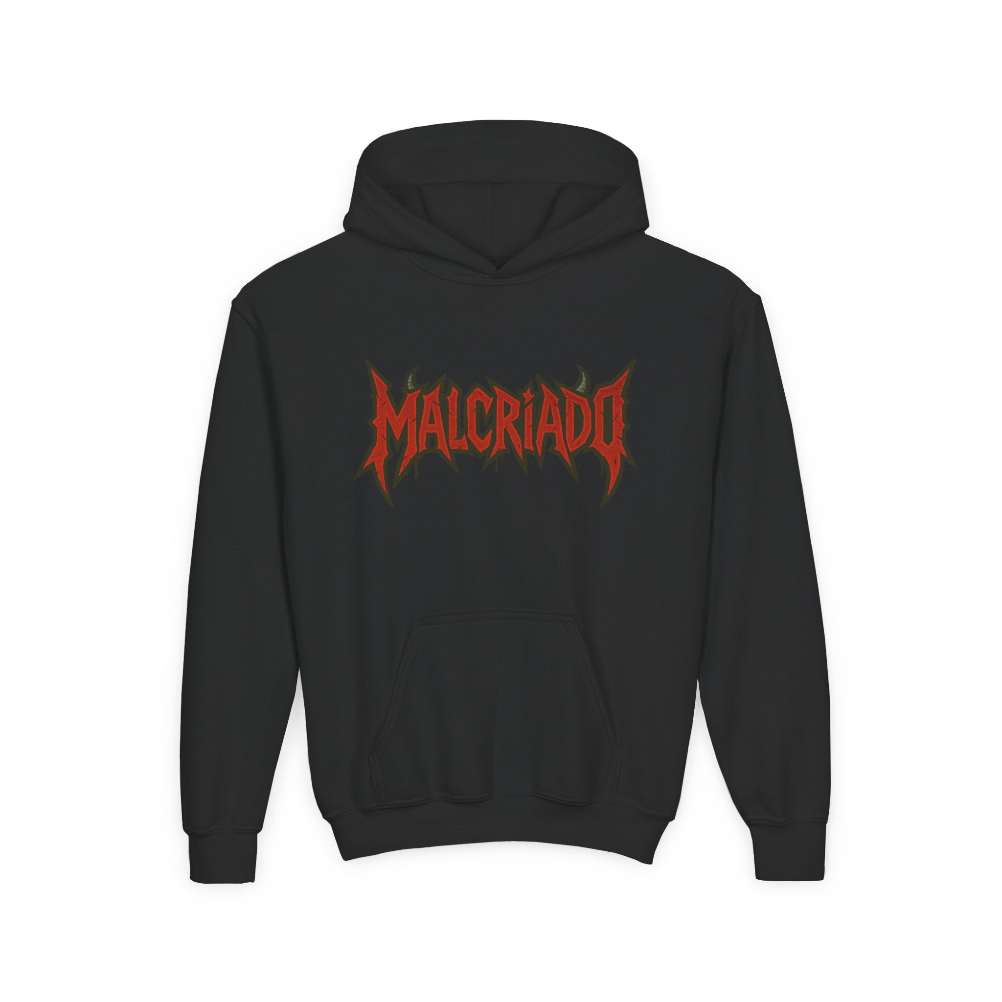 Malcriado Kids Hoodie — Red Gothic Band Logo Youth Sweatshirt