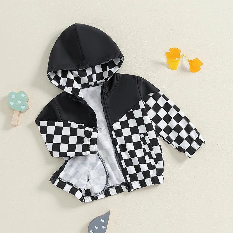 Toddler Girls Boys Hoodies Jacket Checkerboard Zip-Up Hooded Long Sleeve Coat Fall Winter Kids Clothes Outerwear