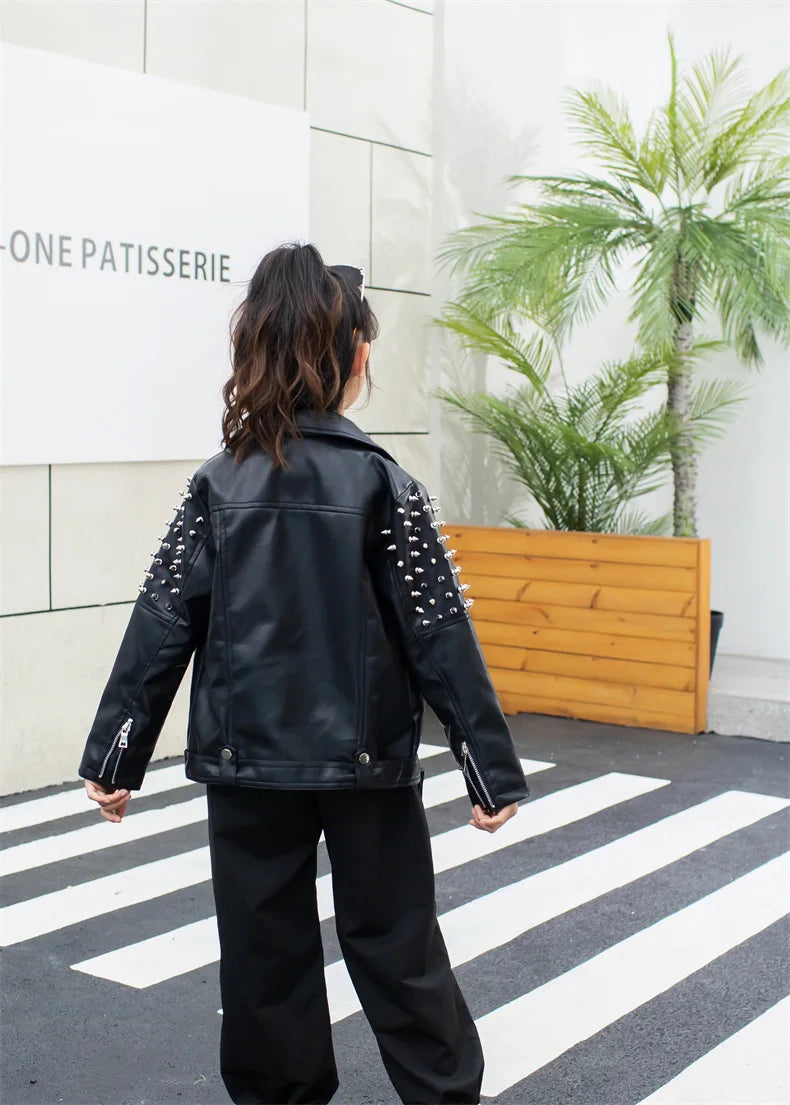 Spring Autumn Performance Motorcycle Black PU Coat Children's Leather Jackets for Girl Boys Zipper Clothes