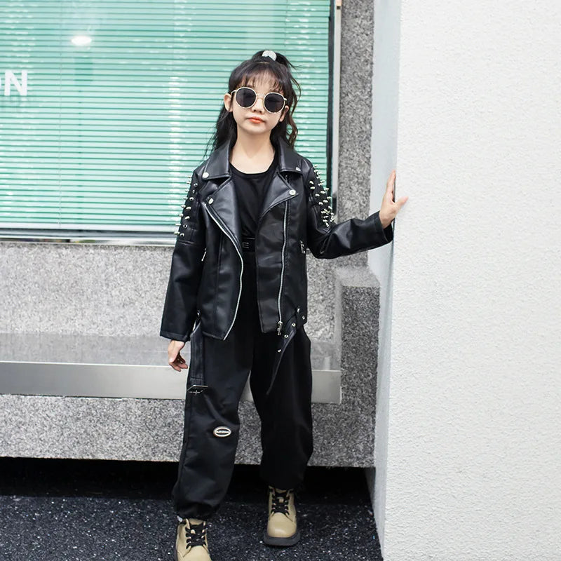 Spring Autumn Performance Motorcycle Black PU Coat Children's Leather Jackets for Girl Boys Zipper Clothes
