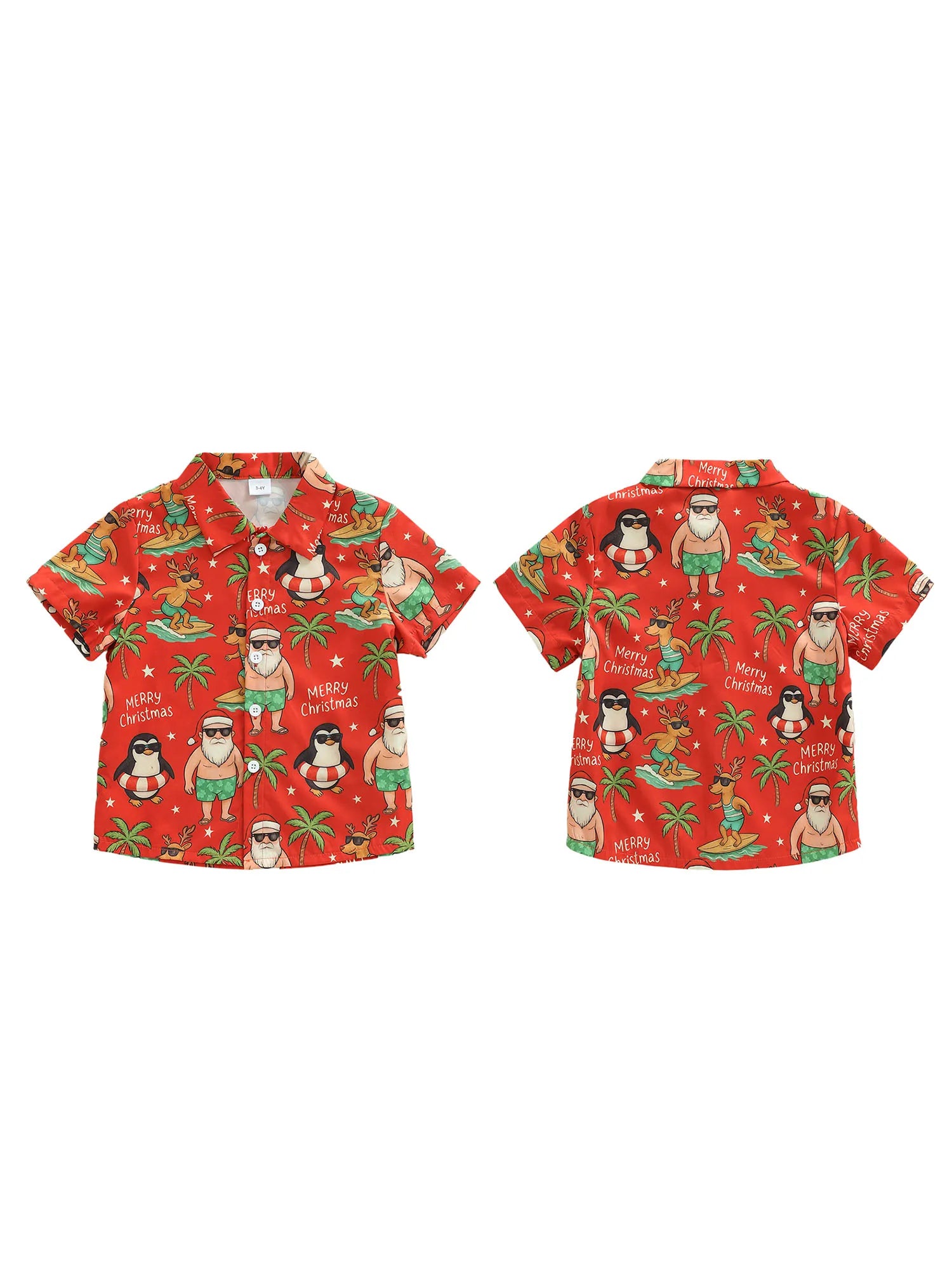 Christmas Toddler Boys Short Sleeve Shirt with Turn Down Collar Festive Tree Penguin and Santa Claus Print Button Up Summer