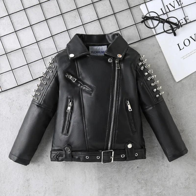 Spring Autumn Performance Motorcycle Black PU Coat Children's Leather Jackets for Girl Boys Zipper Clothes