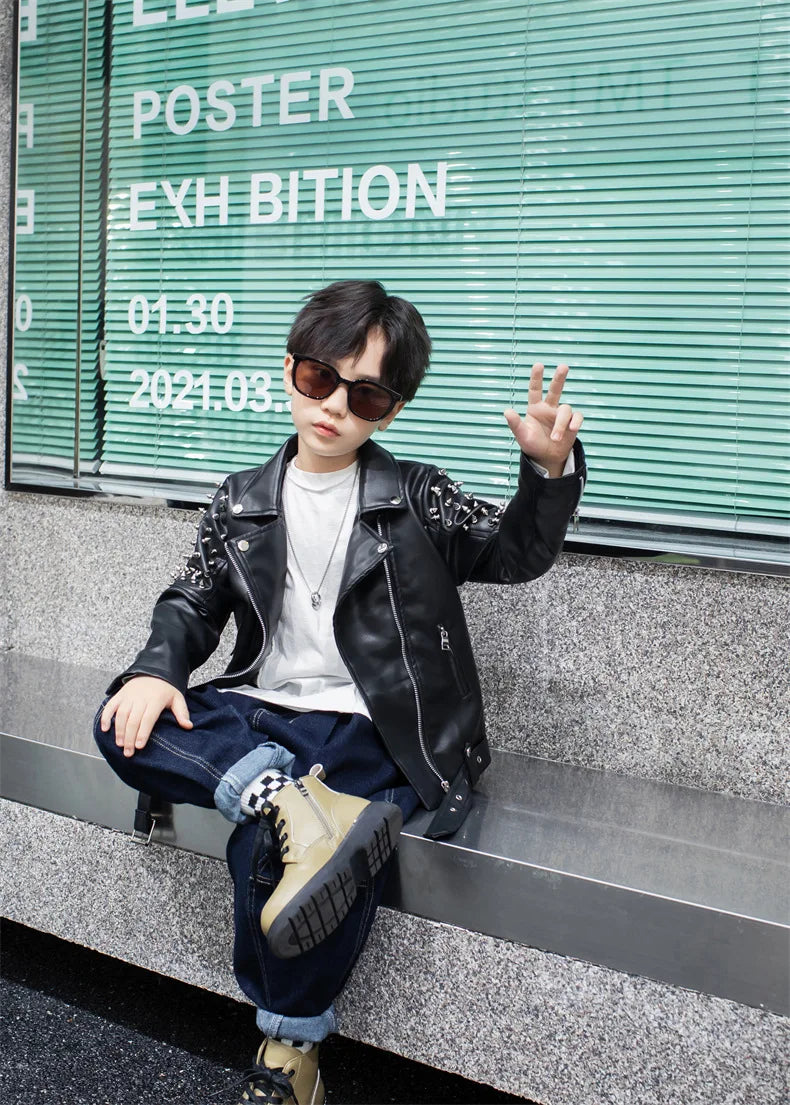 Spring Autumn Performance Motorcycle Black PU Coat Children's Leather Jackets for Girl Boys Zipper Clothes