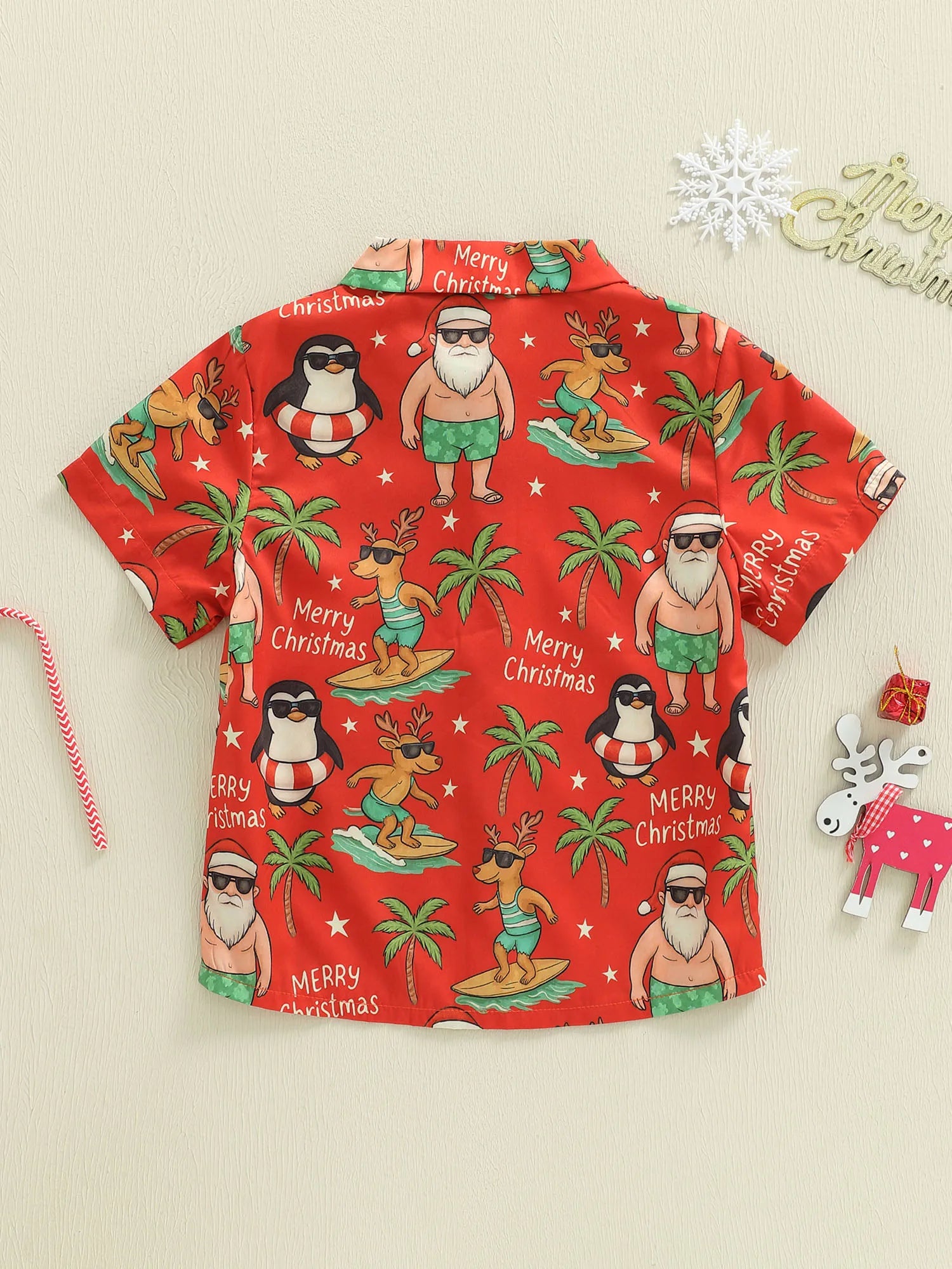Christmas Toddler Boys Short Sleeve Shirt with Turn Down Collar Festive Tree Penguin and Santa Claus Print Button Up Summer