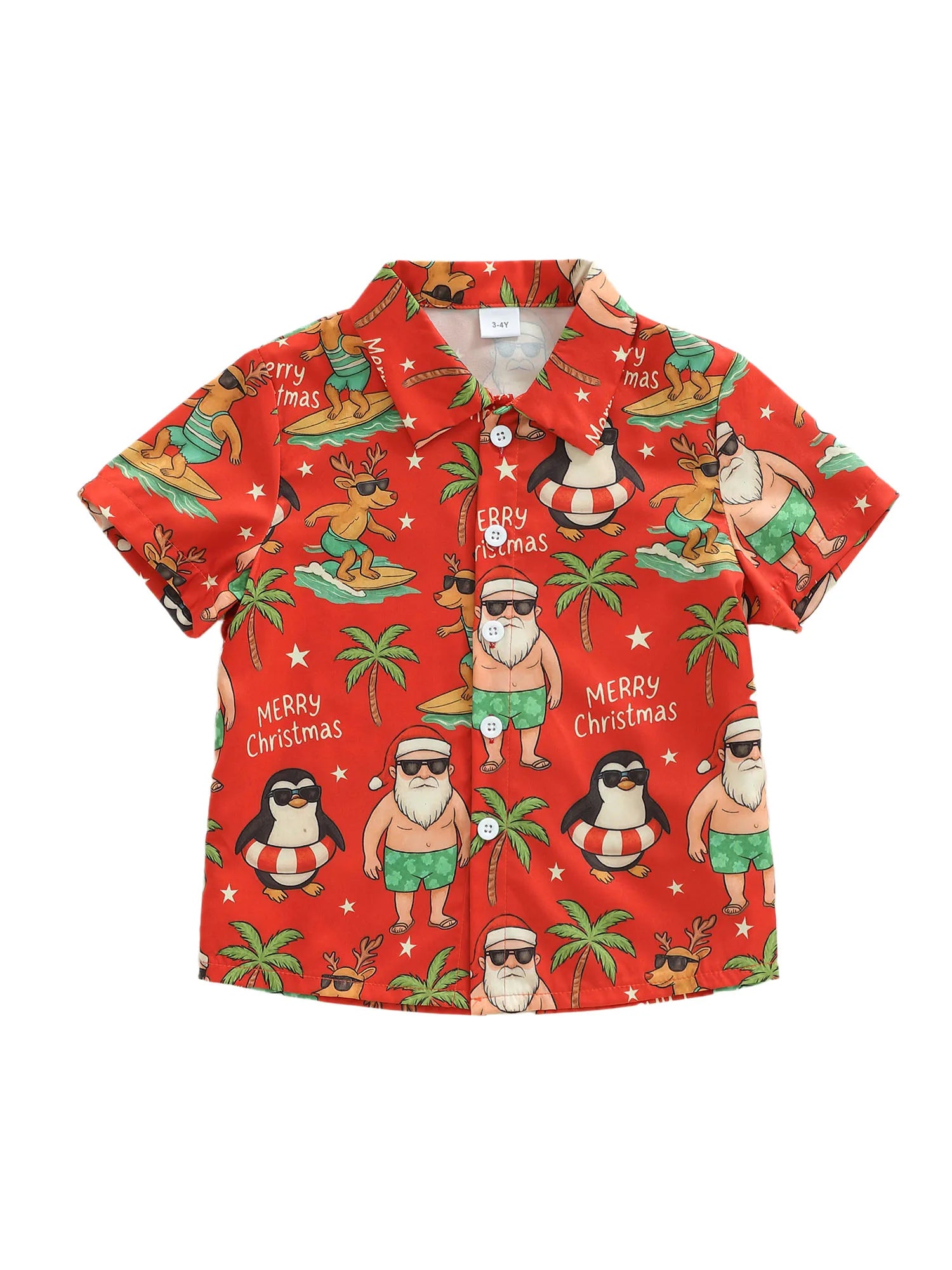 Christmas Toddler Boys Short Sleeve Shirt with Turn Down Collar Festive Tree Penguin and Santa Claus Print Button Up Summer