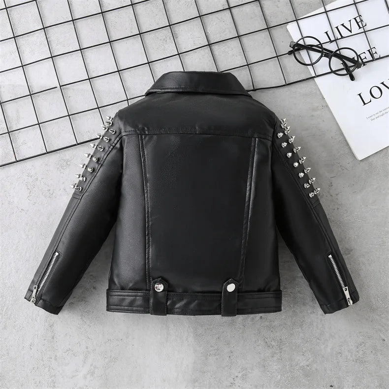 Spring Autumn Performance Motorcycle Black PU Coat Children's Leather Jackets for Girl Boys Zipper Clothes