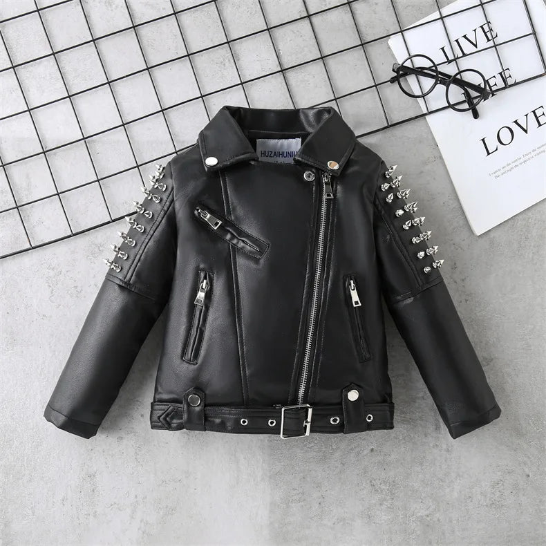 Spring Autumn Performance Motorcycle Black PU Coat Children's Leather Jackets for Girl Boys Zipper Clothes