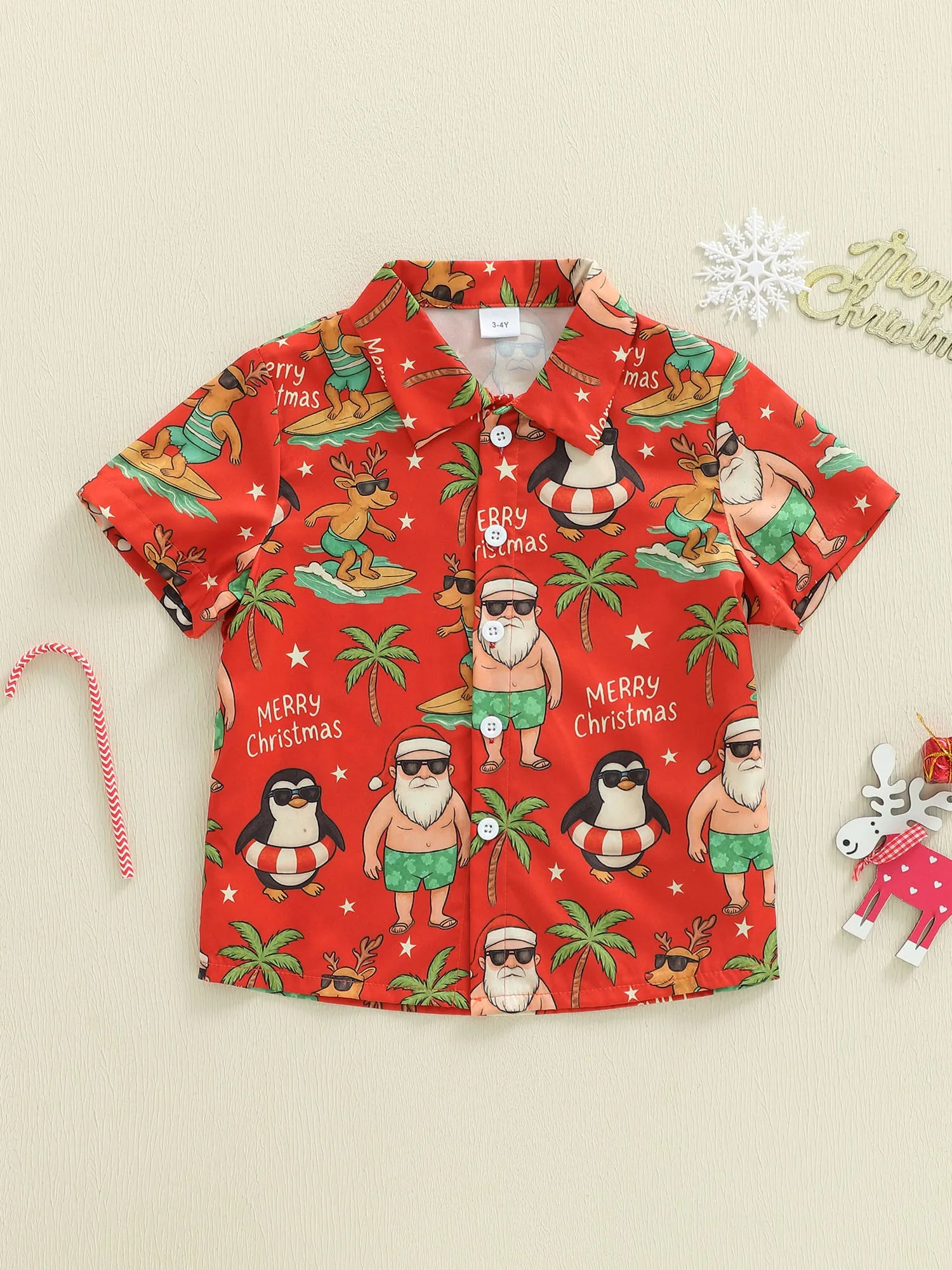 Christmas Toddler Boys Short Sleeve Shirt with Turn Down Collar Festive Tree Penguin and Santa Claus Print Button Up Summer