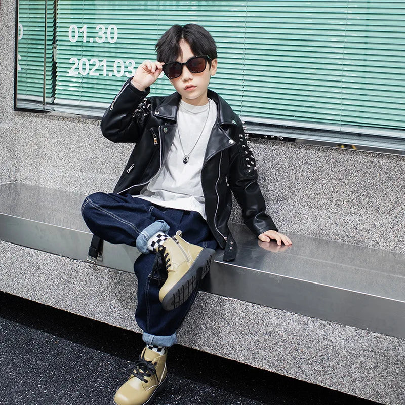 Spring Autumn Performance Motorcycle Black PU Coat Children's Leather Jackets for Girl Boys Zipper Clothes