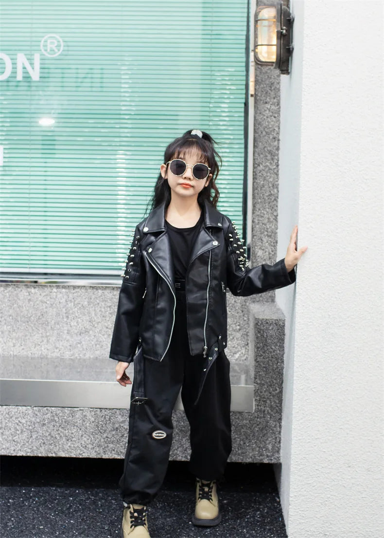 Spring Autumn Performance Motorcycle Black PU Coat Children's Leather Jackets for Girl Boys Zipper Clothes