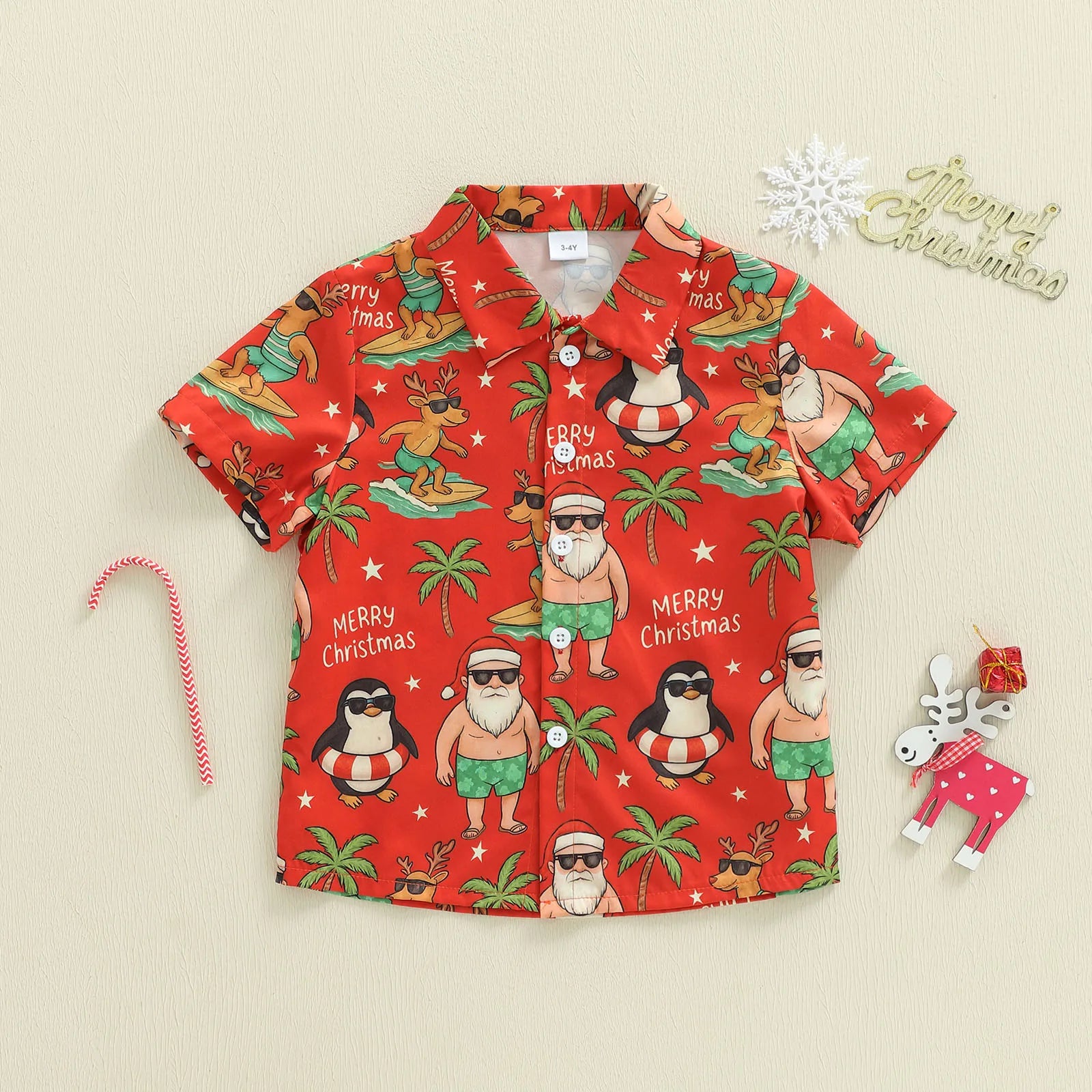 Christmas Toddler Boys Short Sleeve Shirt with Turn Down Collar Festive Tree Penguin and Santa Claus Print Button Up Summer