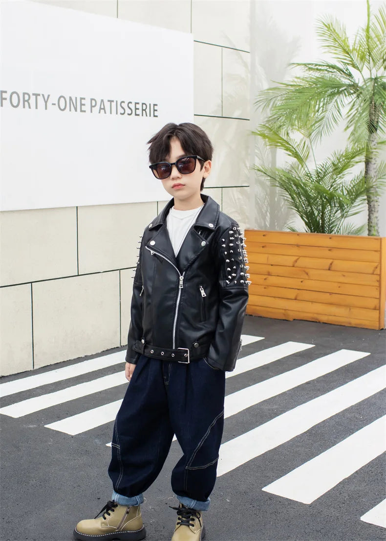 Spring Autumn Performance Motorcycle Black PU Coat Children's Leather Jackets for Girl Boys Zipper Clothes