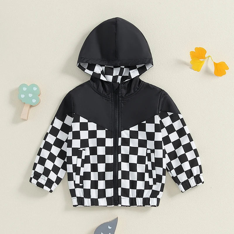 Toddler Girls Boys Hoodies Jacket Checkerboard Zip-Up Hooded Long Sleeve Coat Fall Winter Kids Clothes Outerwear