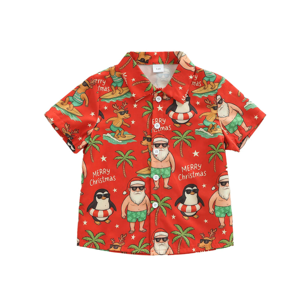 Christmas Toddler Boys Short Sleeve Shirt with Turn Down Collar Festive Tree Penguin and Santa Claus Print Button Up Summer