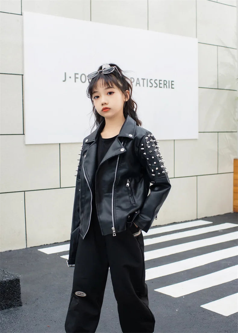 Spring Autumn Performance Motorcycle Black PU Coat Children's Leather Jackets for Girl Boys Zipper Clothes