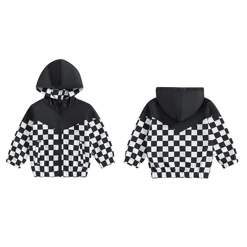 Toddler Girls Boys Hoodies Jacket Checkerboard Zip-Up Hooded Long Sleeve Coat Fall Winter Kids Clothes Outerwear