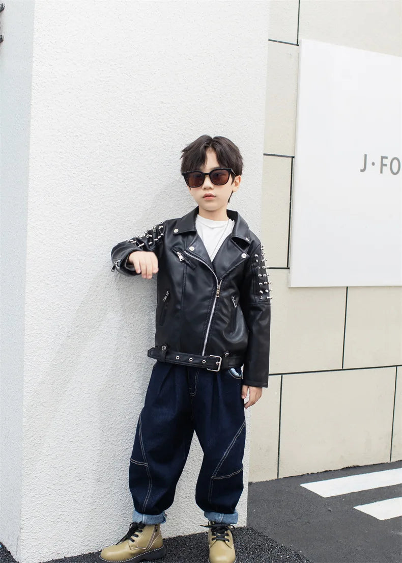 Spring Autumn Performance Motorcycle Black PU Coat Children's Leather Jackets for Girl Boys Zipper Clothes